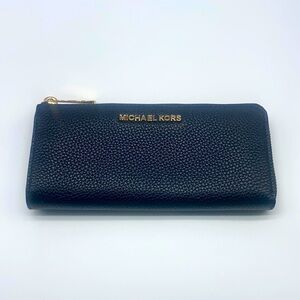 Michael Kors - Pebbled Black Leather Large Zip Around Wallet With Gold Accents